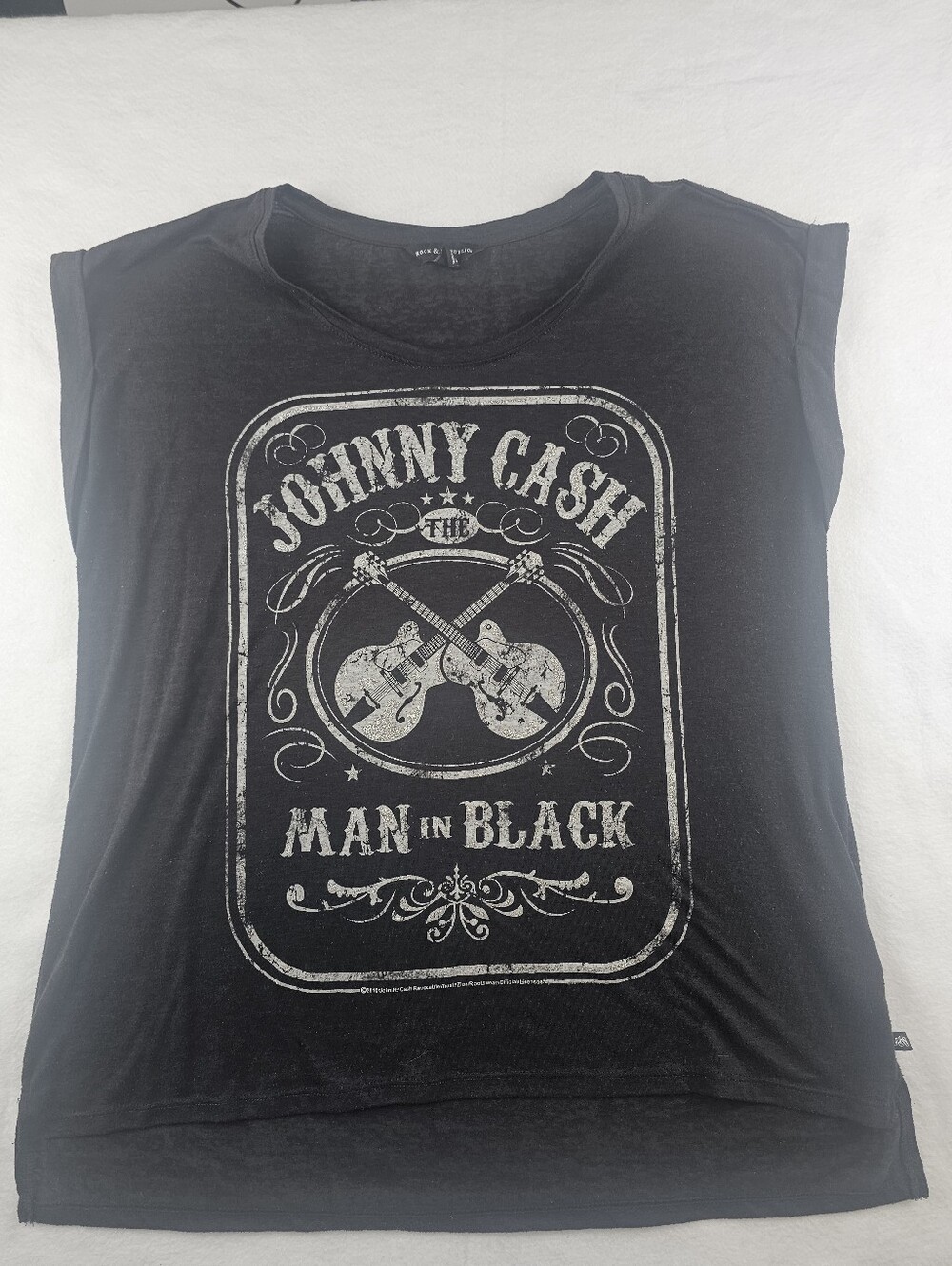 Rock & Republic Johnny Cash Man In Black T-Shirt Rolled Cap Sleeve Large Glitter
